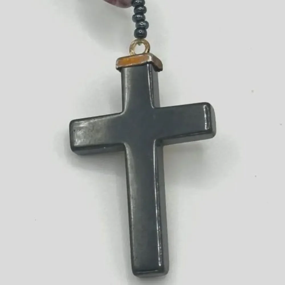 Lavender Stone Type Rosary Beads with Hematite Cross - 16" Total Length - Picture 5 of 5